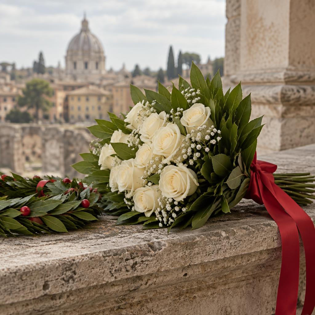 Bouquet di rose bianche con foglie di alloro e nastro rosso