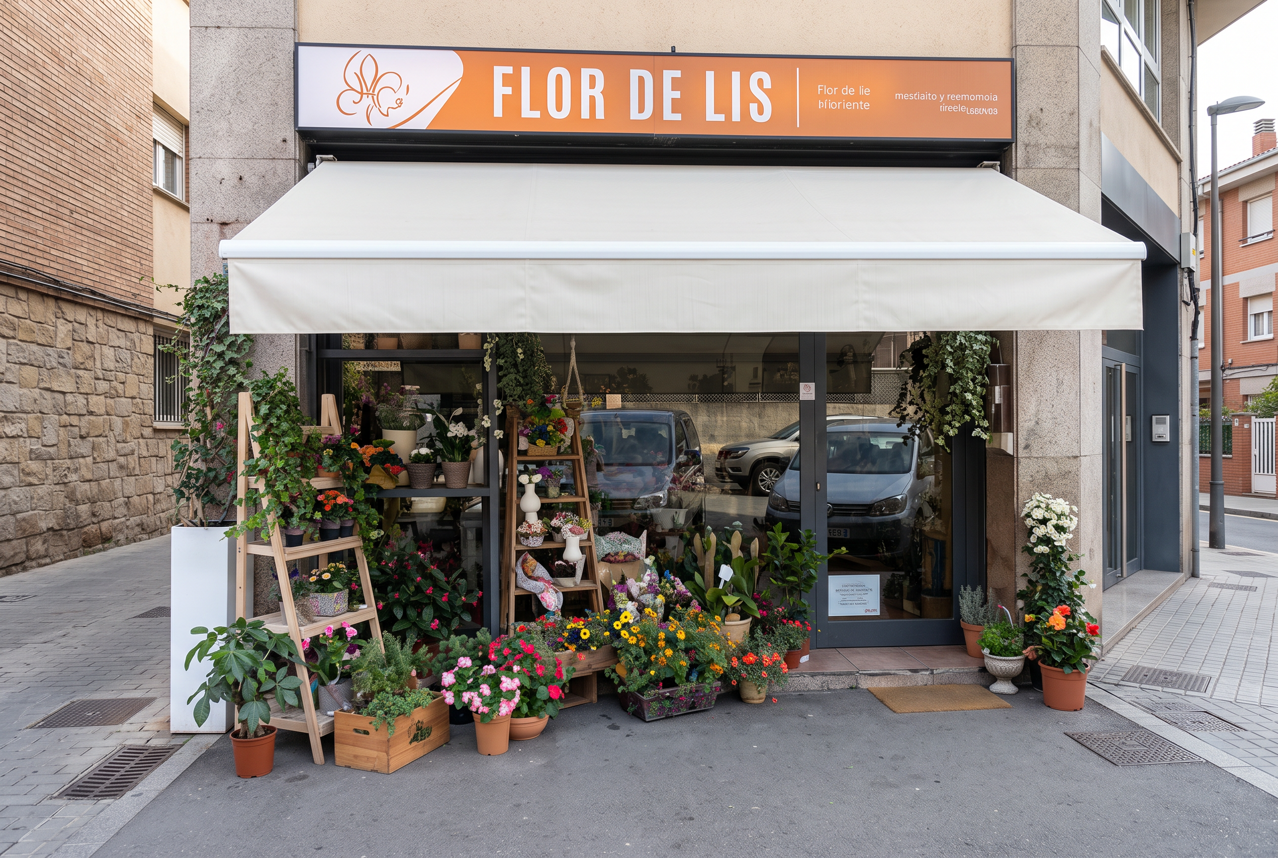 Ingresso di una fioreria fiorentina con secchi di fiori freschi e piante in vaso