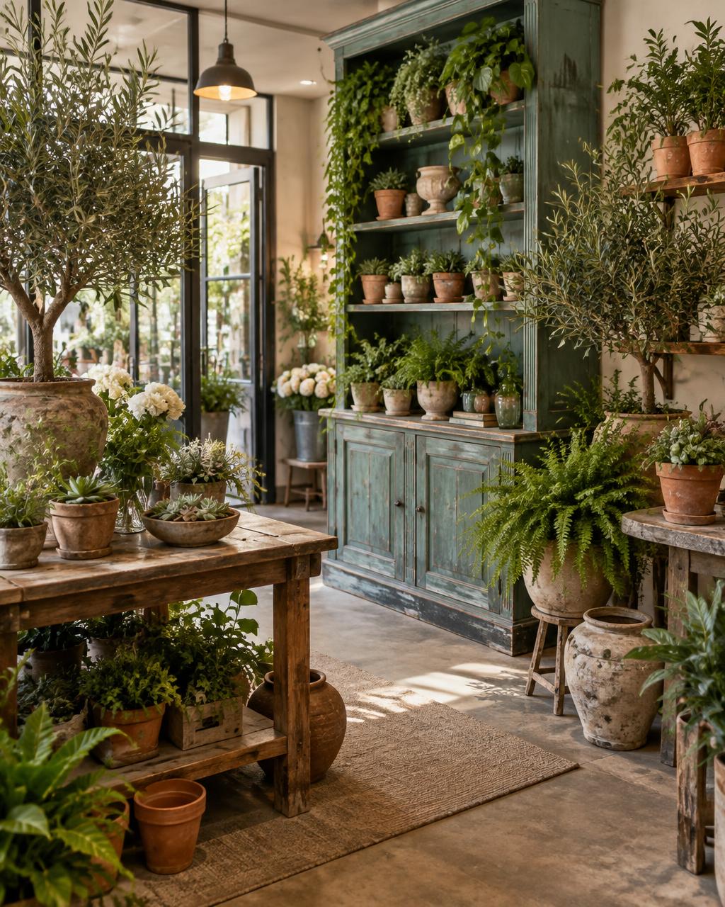 Interno della fioreria con piante verdi e vasi in terracotta